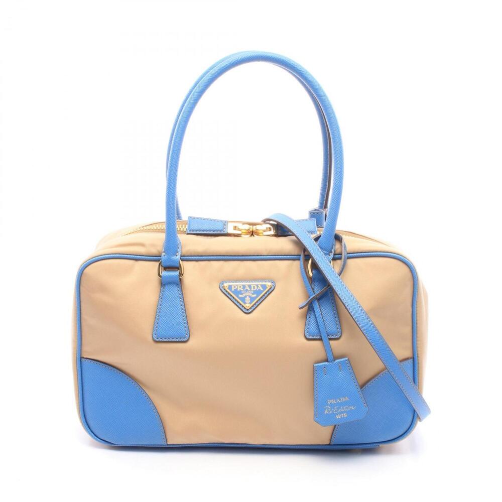 Prada Triangle Logo 2-Way Handbag, Nylon Leather, Women's, Beige/Blue